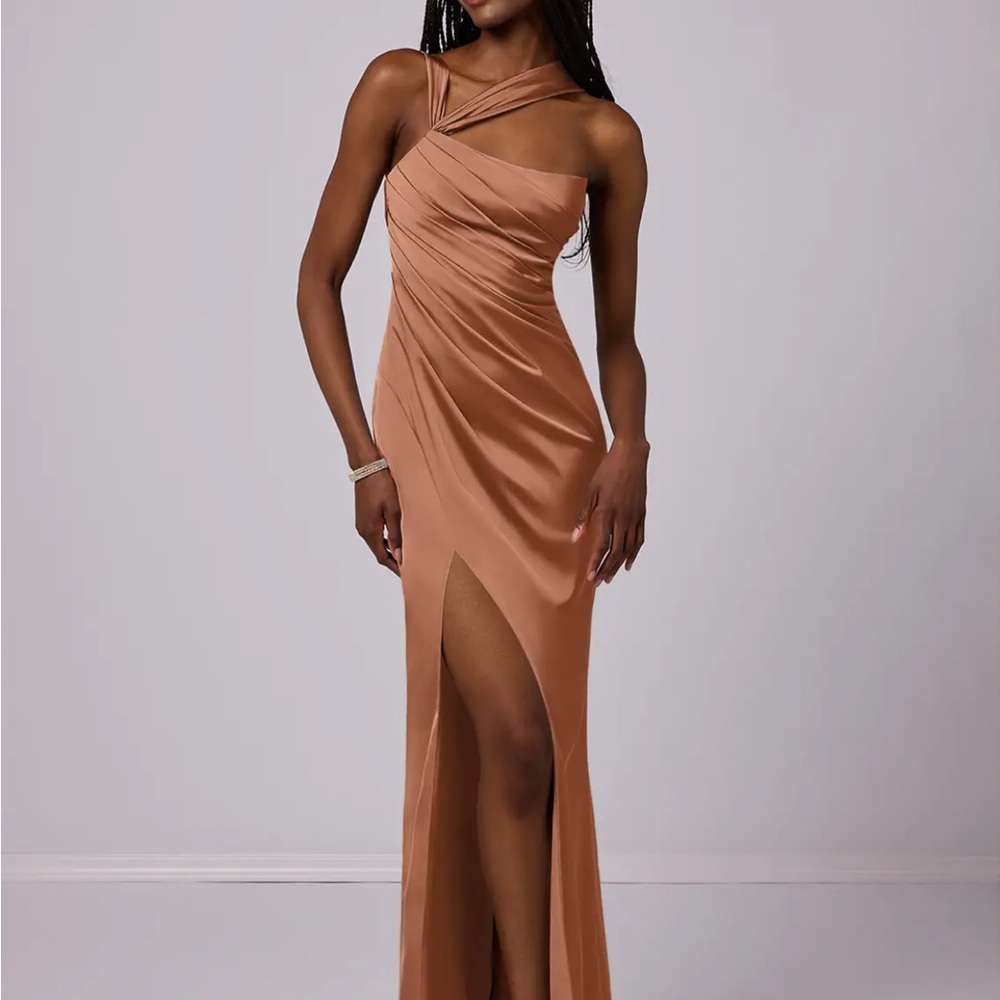Satin One-Shoulder Ruched Gown in Bronzer size A6